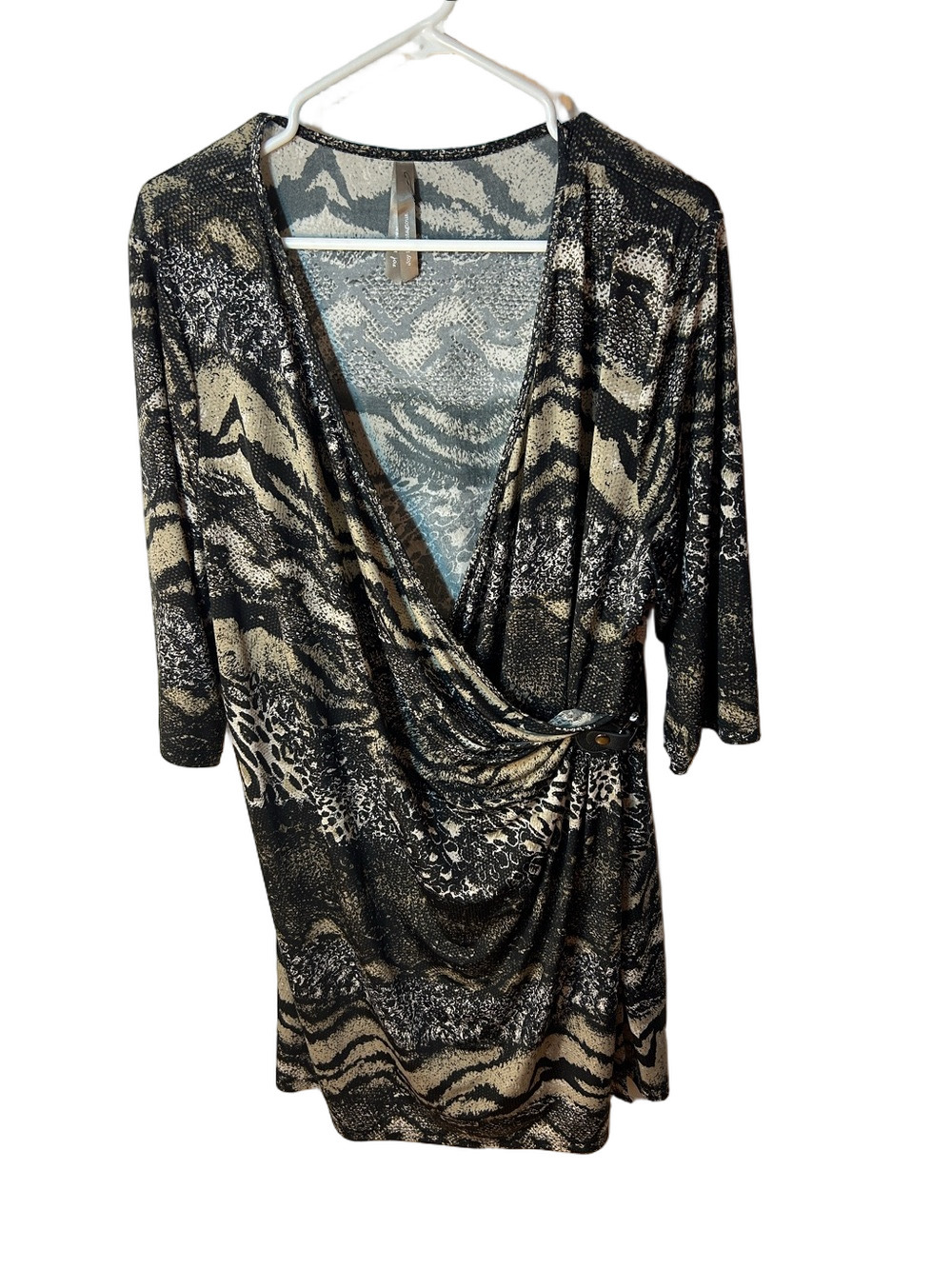 Penningtons Black and Gold Wrap-Front Long Sleeve Midi Dress Snakeskin size 1x